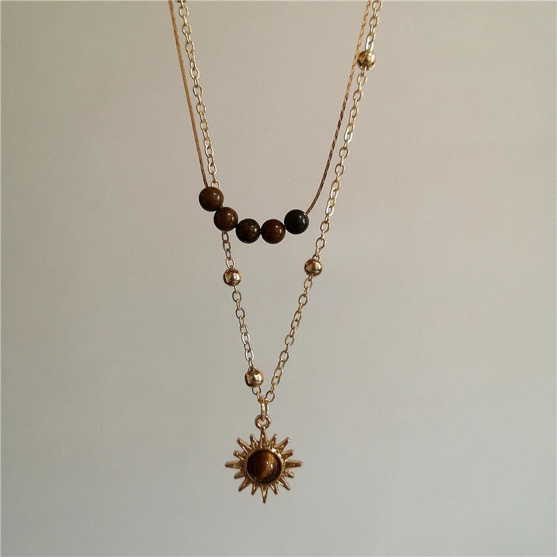 Vintage Leather Brown Stone Sun Pendant Beaded Choker Clavicle Chain Necklace For Women Unique Y2K Personalized Grunge Jewelry