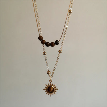 Vintage Leather Brown Stone Sun Pendant Beaded Choker Clavicle Chain Necklace For Women Unique Y2K Personalized Grunge Jewelry