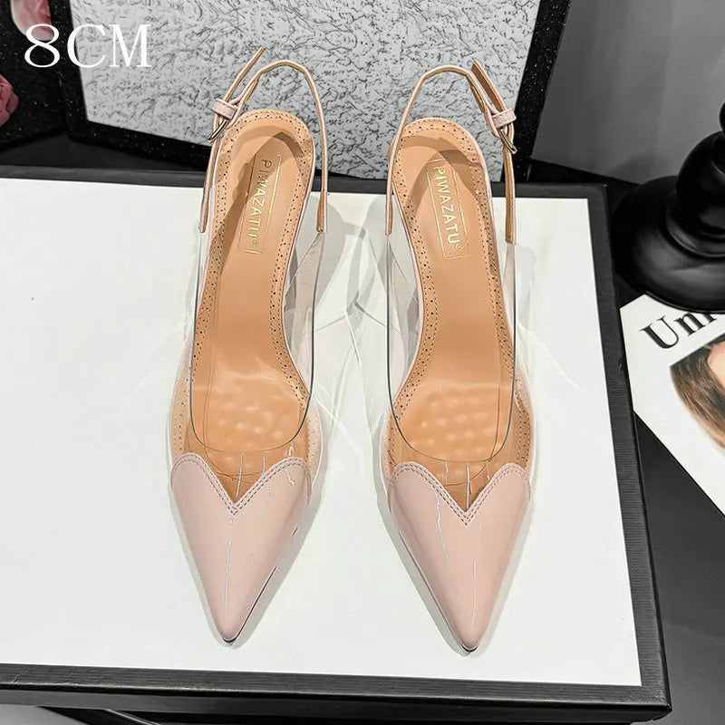 2026 Summer New Fairy-style Heart-shaped Pointed Toe Thin Heel Sandals for Women Transparent Patchwork Headpiece Back High Heels