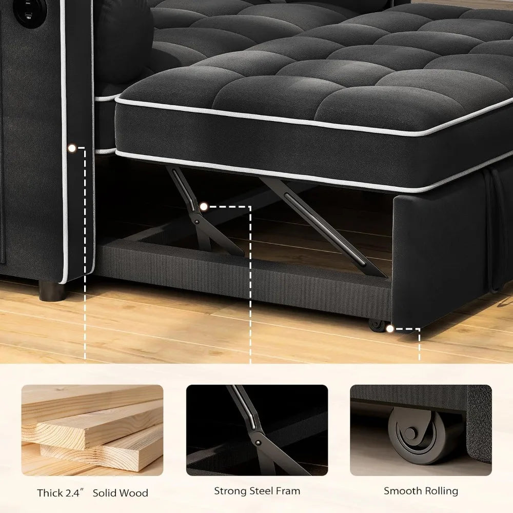 3-in-1 Sleeper Sofa Bed w/ USB & Type-C, Side Pockets, Velvet, Adjustable Backrest, Deep Seat, for Apt/Living Room/Office