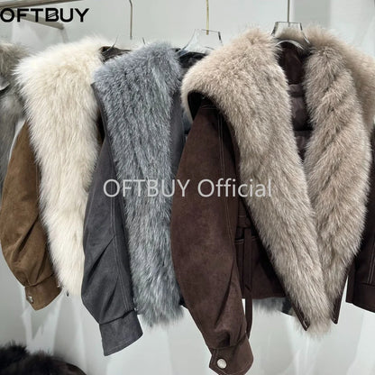 OFTBUY Real Fox Fur Collar Goose Down Jacket Winter Windproof Heavy Padded Coat Women Cropped Puffer Jacket Casual Outerwear
