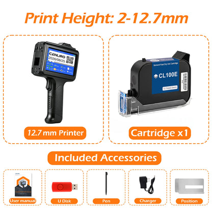 Cenliro Upgrated Handheld Inkjet Printer CL12B with Black Fast-drying Ink Cartridge for Date Batch Number Logo QR Code 600DPI
