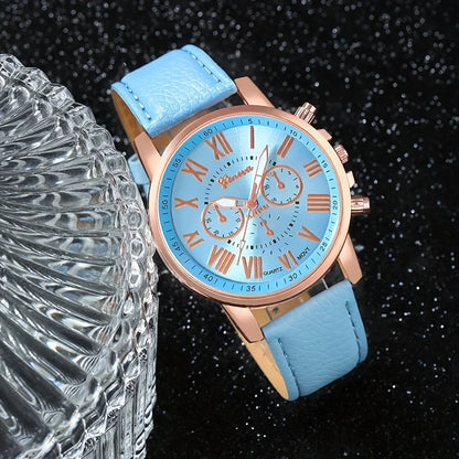 Fashion 5pcs women's quartz watch set, paired with blue butterfly jewelry - round zinc alloy case, PU leather strap