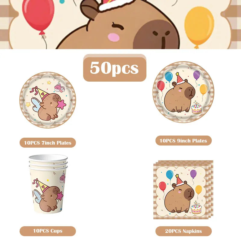Capybara Decoration Birthday Party Favors Tableware Set Cup Plate Balloons Gift Bags Happy Banner Cake Topper Supplies for Girls