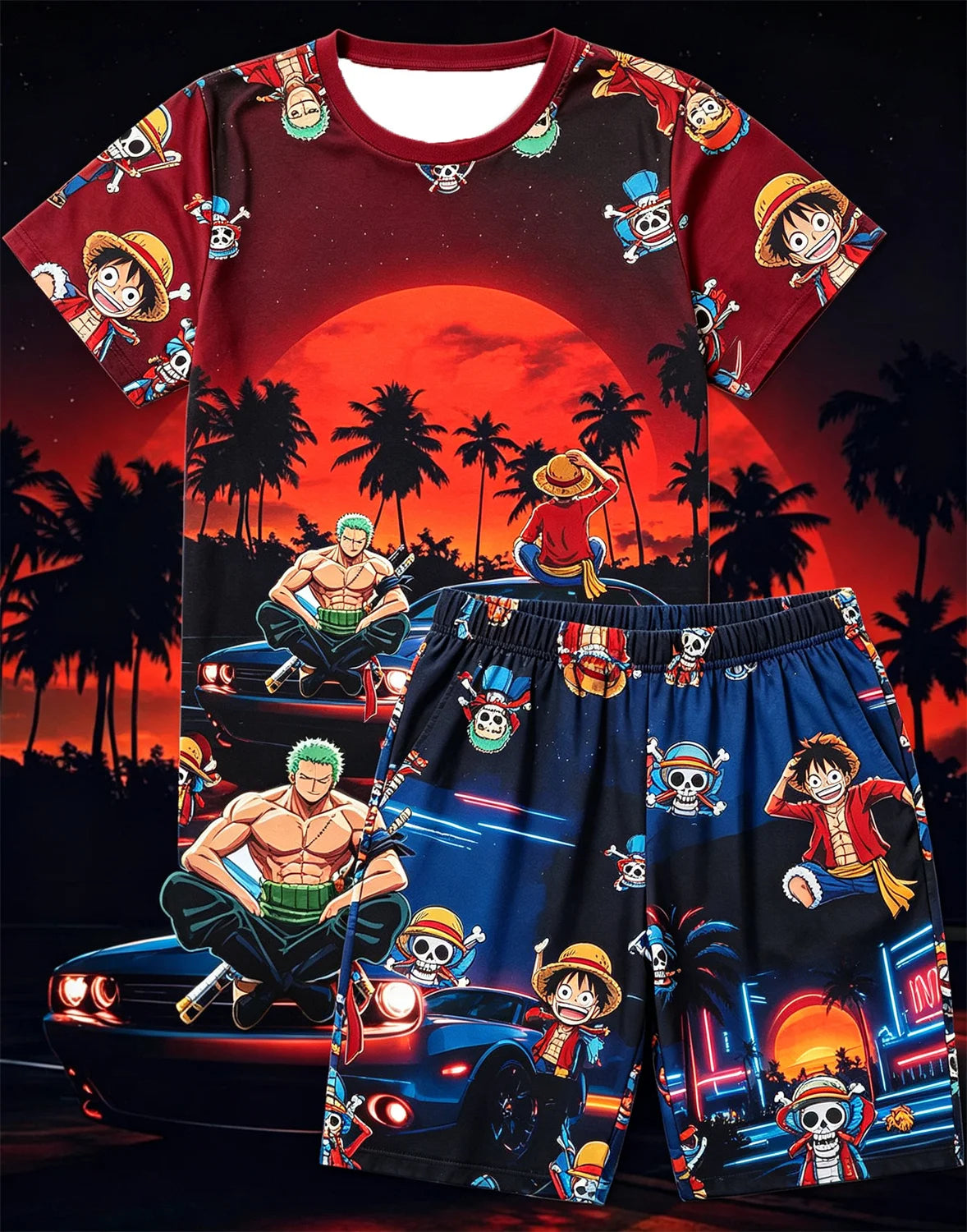 Bandai One Piece D Luffy Laugh Anime Print T-Shirt Drawstring Shorts