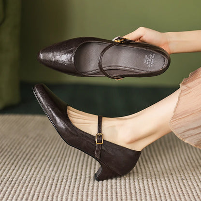 2025 New Spring Women Pumps Sheepskin Leather Women Shoes Pointed Toe Med Heel Concise Slip-on Shallow Handmade Shoes Mary Janes