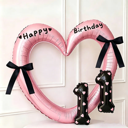 7Pcs 16inch Black Number Hollow-Out Heart Balloons and Heart Stickers Set, Includes 2 Number Balloons, 2 Stickers, 1 Glue Stick, 2 25cm Ribbons, for Birthday Parties, Wedding Anniversary Celebrations, Holiday Decorations