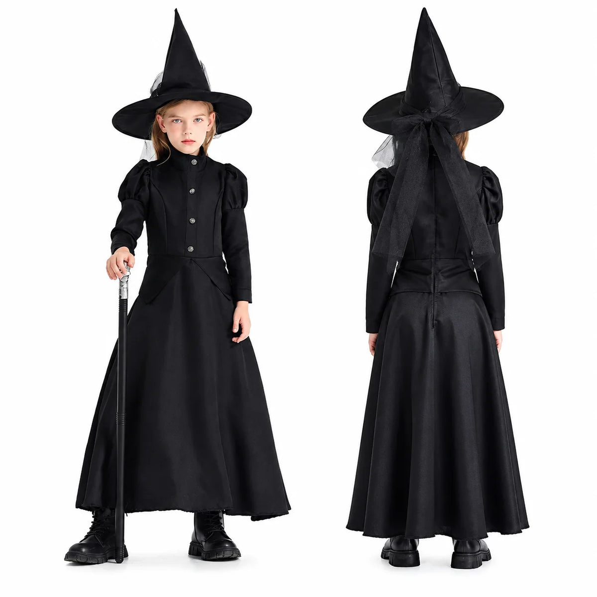Family Matching Witch Costume for Women Girls, Classic Black Long Gown with Pointed Hat, Halloween Carnival Theme Party Cosplay Fancy Dress‑up