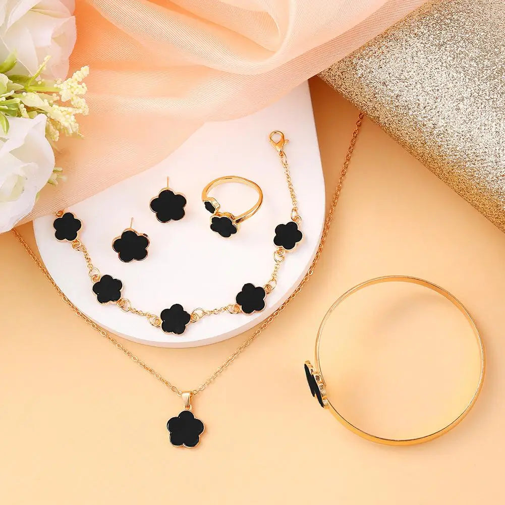 5 Pcs Set Jewelry Stainless Steel Five Leaf Clover Bracelets For Women Elegance French Niche Necklaces Bracelets Earrings
