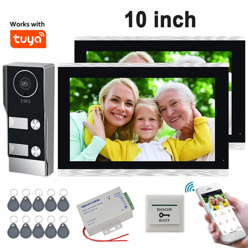 Tuya Smart WiFi Video Doorbell Intercom 1080P 2 Wired 10 inch LCD Video Door Phone System RFID APP Unlock for 2-Unit Apartments