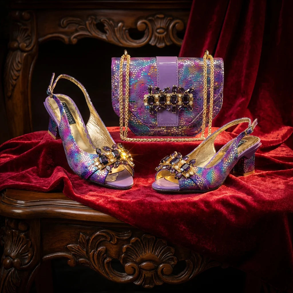 2026 New Elegant Italian Design Women's Black Heels with Rhinestones and Metal Decoration Shoes and Matching Bag Set for Party