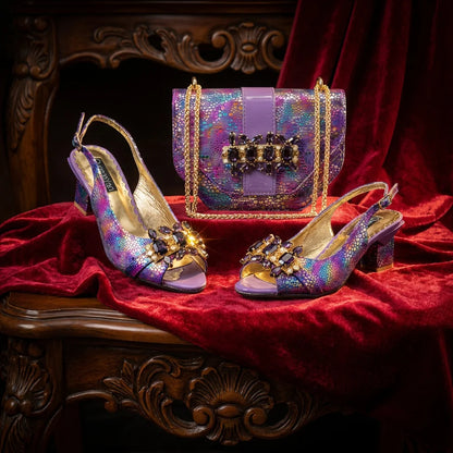 2026 New Elegant Italian Design Women's Black Heels with Rhinestones and Metal Decoration Shoes and Matching Bag Set for Party