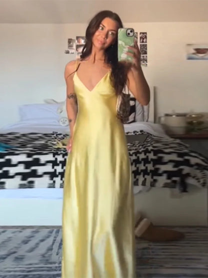 Solid Color Satin Bustier Women Maxi Dress Fashion Yellow Spaghetti Strap V Neck Waist-cinching Dresses 2026 New Party Vestidos