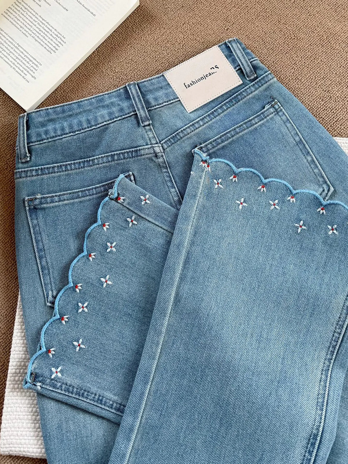 Blue Embroidered Floral Micro Flared Jean Women's Spring Summer High Waist Slim Denim Trousers Versatile Ankle-length Pants