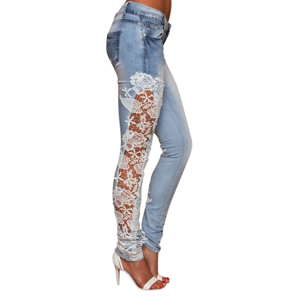 Pencil Denim Hollow Out Women Jeans Fashion Floral Appliques Lace Patchwork Pants High Waisted Slim Fit Sexy Denim Trousers