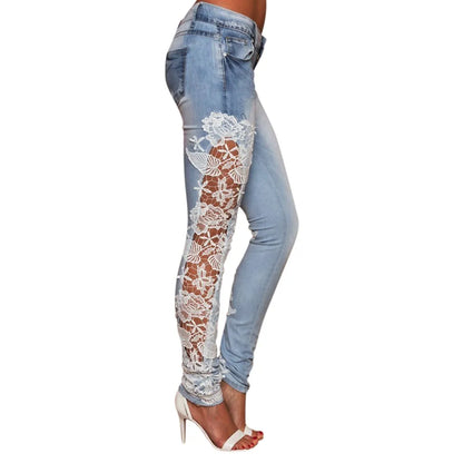 Pencil Denim Hollow Out Women Jeans Fashion Floral Appliques Lace Patchwork Pants High Waisted Slim Fit Sexy Denim Trousers