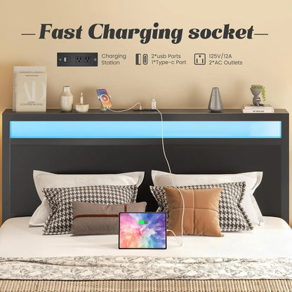 Fluest Queen Bed Frame with Headboard & Footboard, Bed Frame with Built-in Charging Station LED Light, Storage Shelf，Customized