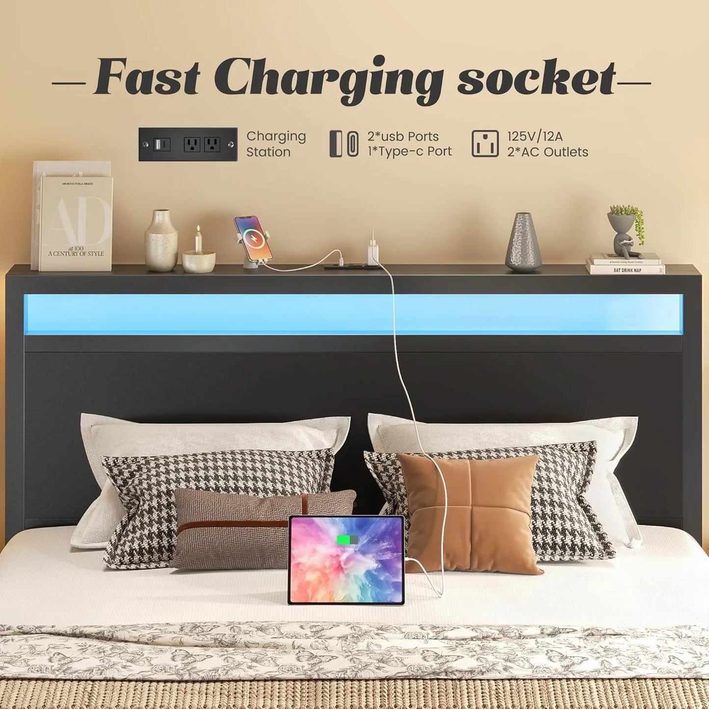 Fluest Queen Bed Frame with Headboard & Footboard, Bed Frame with Built-in Charging Station LED Light, Storage Shelf，Customized