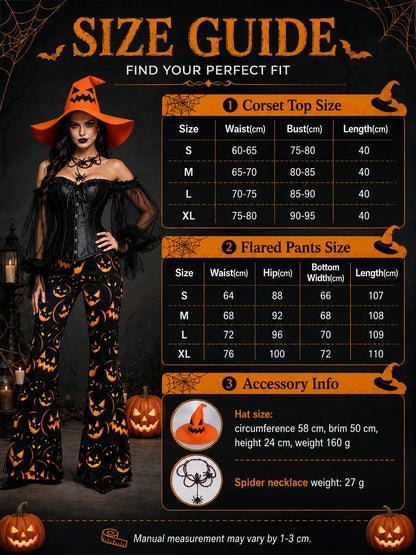 Womens Halloween Witch Cosplay Outfit, Off Shoulder Sheer Mesh Sleeve Corset Top Pumpkin Face Print Flare Pants & Witch Hat for Carnival Costume Party