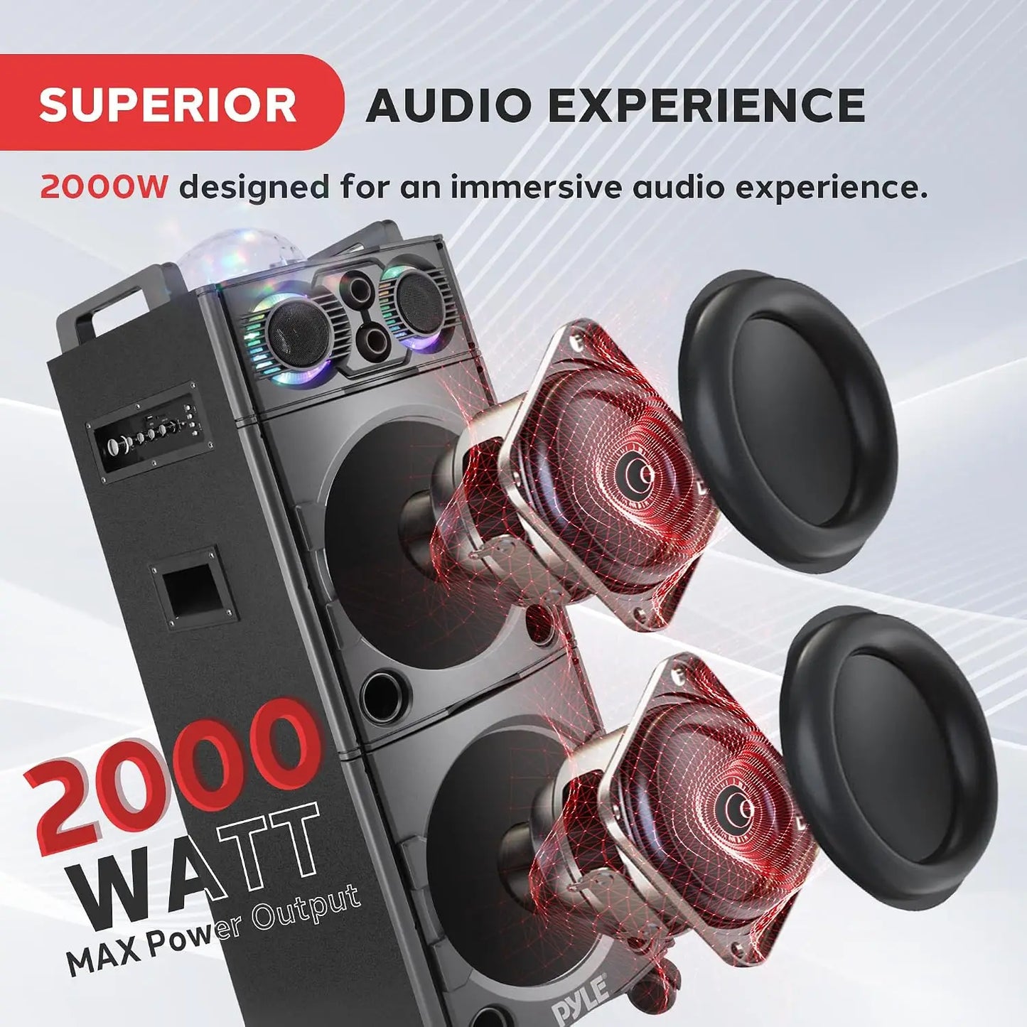 2000W Active Powered Outdoor Portable Bluetooth PA Speaker System with Party Lights, Microphone Input, USB/SD Card Reader, AUX/RCA/FM Radio, and Wheels