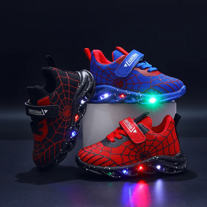 Mgo Children's Boys' Shoes, Light-Up Shoes, Lightweight Shoes, 2024 Spring and Autumn New Flashing Shoes, Fashionable Spider Web Trendy Shoes, Boys' Children's Sports Shoes, Mesh Spring Shoes Suitable for 1-3 Years Old, Child