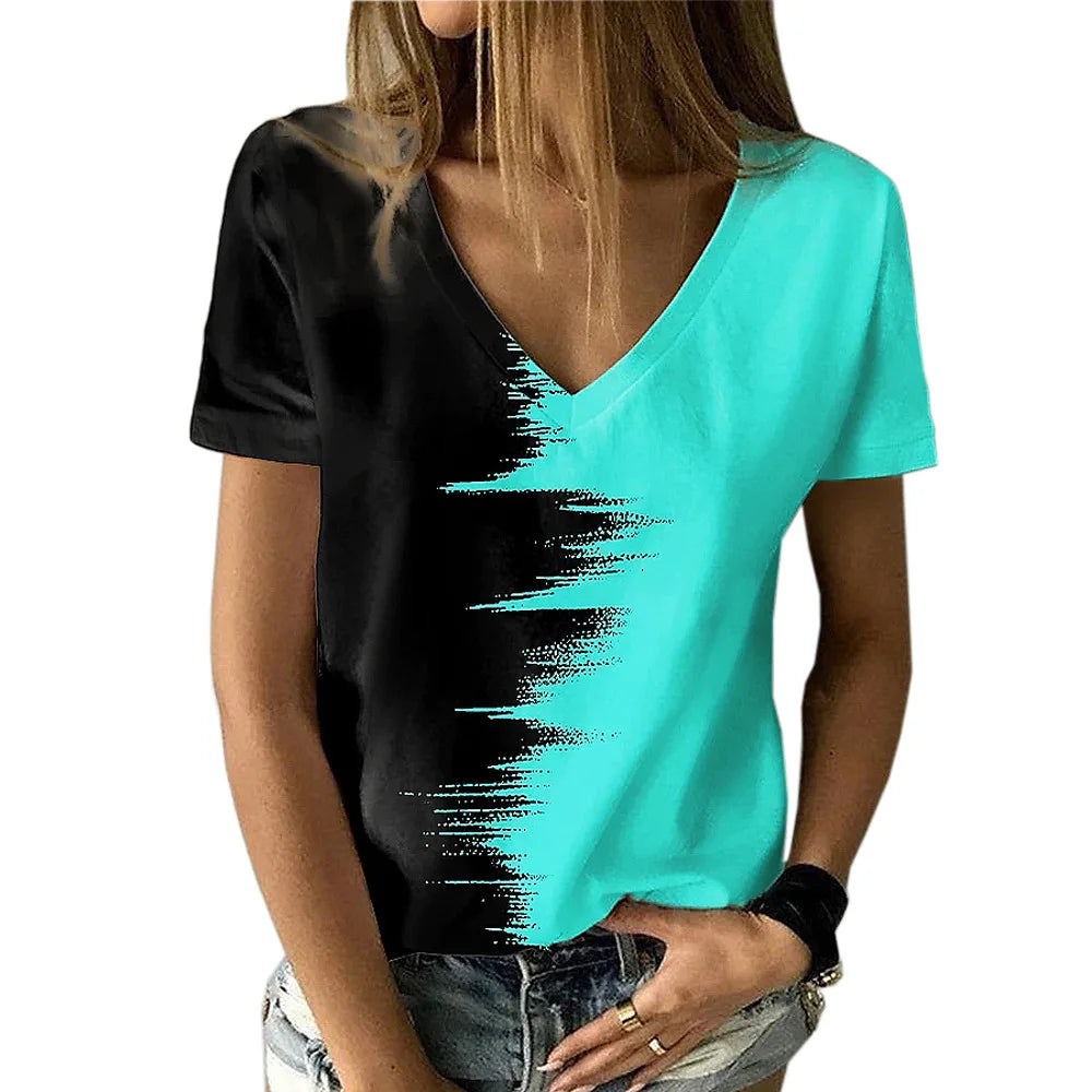 New women's V-neck T-shirt, black and white, suitable for document subscribers, 3D printing, vacation