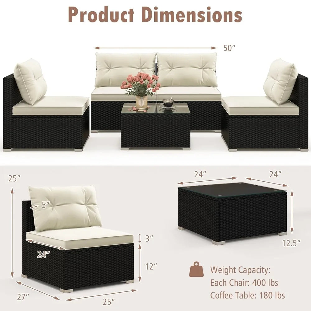 5 Piece Rattan Sofa Set, Patiojoy Outdoor Wicker Furniture Set with Seat & Back Cushions, Square Coffee Table,, Customized