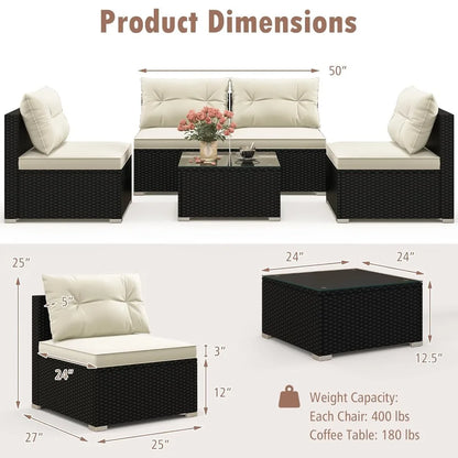 5 Piece Rattan Sofa Set, Patiojoy Outdoor Wicker Furniture Set with Seat & Back Cushions, Square Coffee Table,, Customized