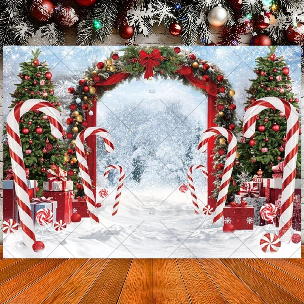 Winter Christmas Candy Vine Arch Theme Banner Background, Children's Birthday Party, Home Decoration Photography Backdrop Cloth