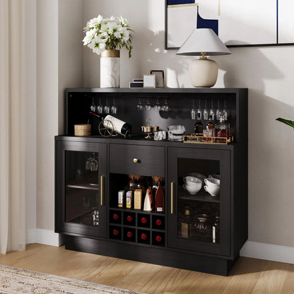 47" LED Wine Bar Cabinet With Glass Doors, 8 Bottle Rack, 15 Glass Holder, Drawers & Charging Station For Dining Room Kitchen