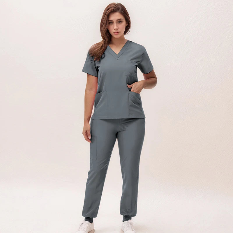 Women's Nurse Scrub Set | V-Neck Top & Jogger Pants, Stretch Jersey | Medical Workwear