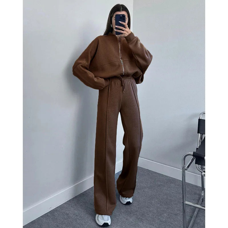 Fashion Women's Suit Zipper Trousers Round Neck Sweatshirt Wide Leg Trousers 2 Piece Set Conjuntos De Pantalón Fall Clothes 2025