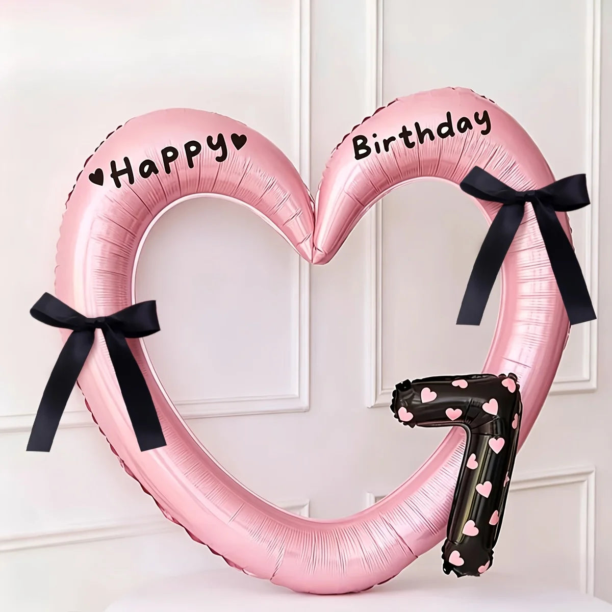 7Pcs 16inch Black Number Hollow-Out Heart Balloons and Heart Stickers Set, Includes 2 Number Balloons, 2 Stickers, 1 Glue Stick, 2 25cm Ribbons, for Birthday Parties, Wedding Anniversary Celebrations, Holiday Decorations