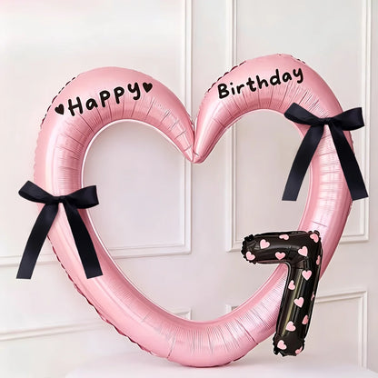 7Pcs 16inch Black Number Hollow-Out Heart Balloons and Heart Stickers Set, Includes 2 Number Balloons, 2 Stickers, 1 Glue Stick, 2 25cm Ribbons, for Birthday Parties, Wedding Anniversary Celebrations, Holiday Decorations