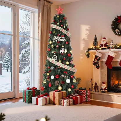 7Ft Artificial Christmas Tree, Pre Decorated Christmas Tree with Pine Cones & Red Berries, Metal Stand for Home, Xmas Trees for Home, Office, Shop Decoration