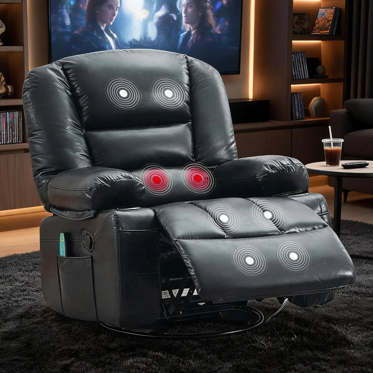 Oversized Recliner Chair, Massage Chair, 360 Swivel, Heat, USB,350 LB Capacity, 8-Point Vibration, Lumbar Heat, 145° Recline, 2 Cup Holders, USB Port, Side Pocket And Retractable Footrest