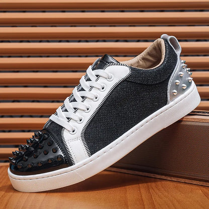 New Fashion Silver Trainers Glitter Spiky Shoes Men Lace Up Sneakers Low Top Shoes Red Sole Man Designer Sneaker With Spikes