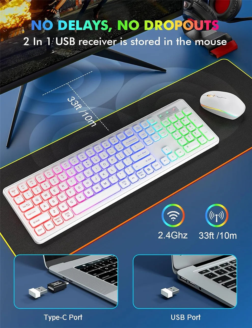 USB Wireless Keyboard and Mouse Set RGB Backlit Rechargeable Light Up Letters Full-Size Wireless Keyboard for Computer