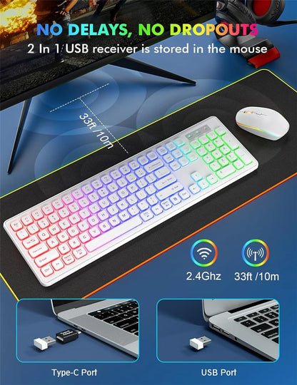USB Wireless Keyboard and Mouse Set RGB Backlit Rechargeable Light Up Letters Full-Size Wireless Keyboard for Computer