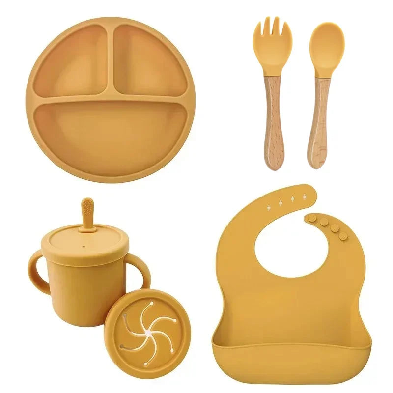 Food Grade Silicone Child Dish Set Baby Feeding Bowl Suction Plate Straw Cup Wooden Spoon Fork for Kids Tableware Toddler Dishes