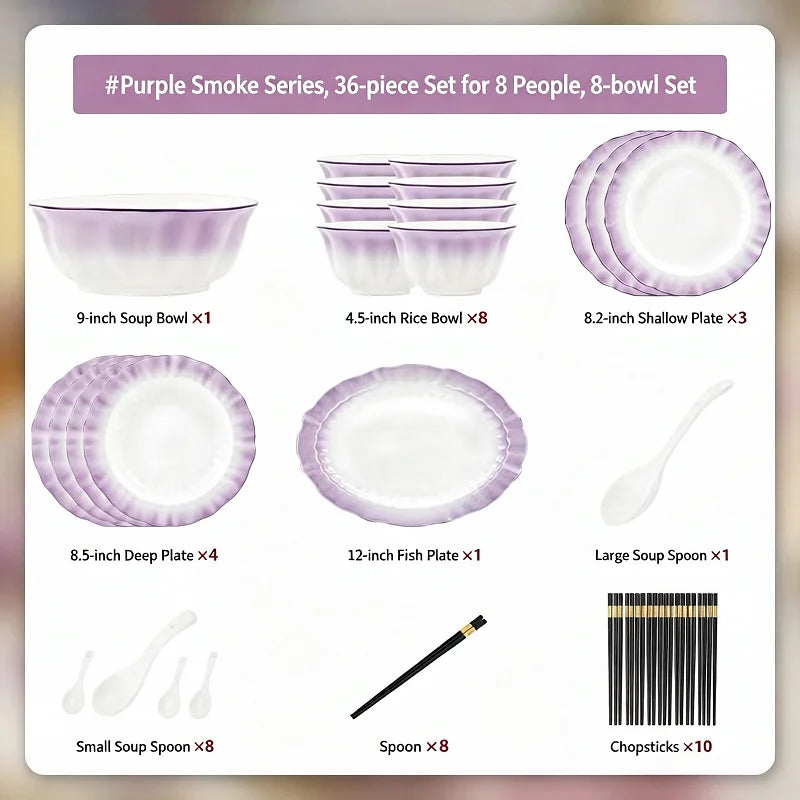 Kitchen Dishware Gift Box Set Gradient Purple Dishware Set Household French Ceramic Rice Bowls and Plates Set Household Smoky Purple Dyed Dishware