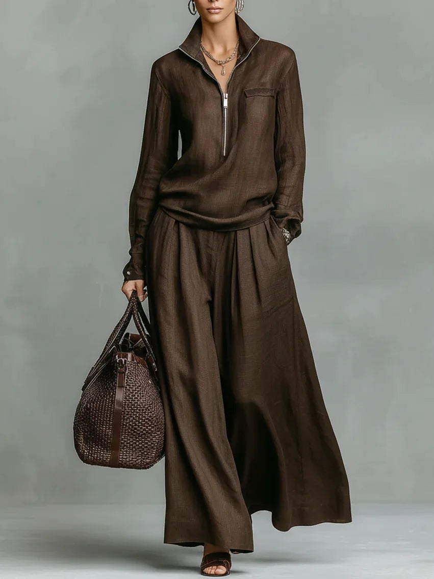 Elegant Solid Loose Two Piece Set Fashion Lapel Zipper Pullover & Wide-leg Pant Suit Women Casual Long Sleeve Outfits