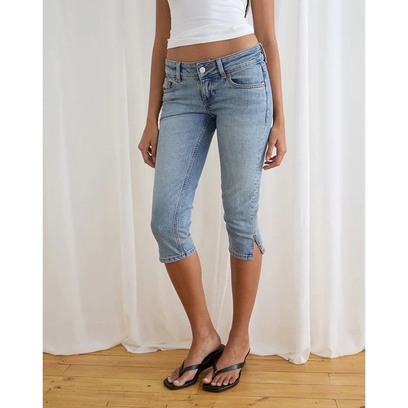 Women's Denim Pencil Capri Pants Button Low Rise Slim Fit Cropped Jeans with Side Slits Hemline Summer Stretch Capris