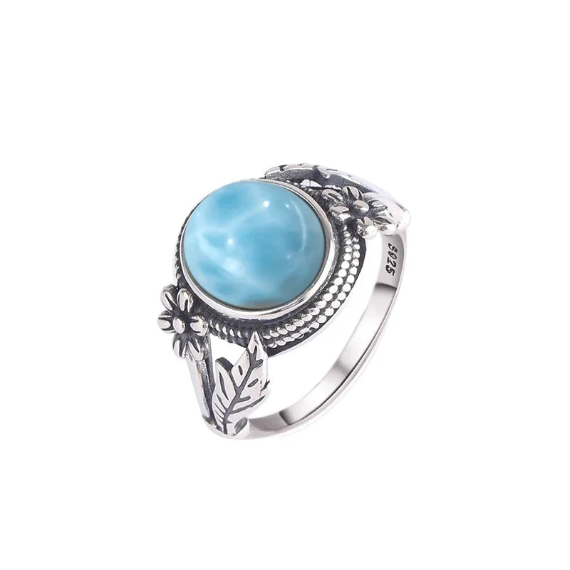 Vintage 925 Silver Ring Natural Larimar Stone Round Flower Shape Sky Blue Sea Water Ring Fine Jewelry Party Gifts For Women Men