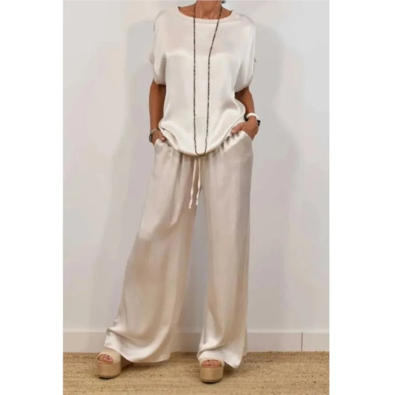 Summer Satin Two Piece Sets For Women V Neck Bat Sleeve Top Casual Loose Lace Up Wide-leg Pants 2 Piece Suit Female Home Outfits