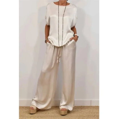 Summer Satin Two Piece Sets For Women V Neck Bat Sleeve Top Casual Loose Lace Up Wide-leg Pants 2 Piece Suit Female Home Outfits