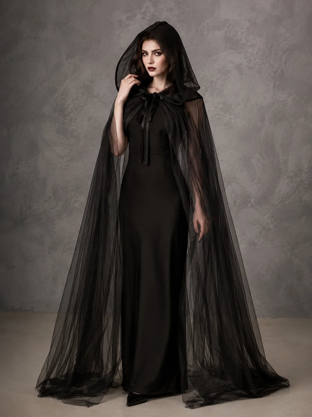 Sheer Tulle Hooded Full‑Length Cape for Women, Lightweight Flowy Gothic Cloak with Neck Tie, Halloween Witch Vampire Cosplay Costume Accessory for Fancy Dress Party Photo Shoot