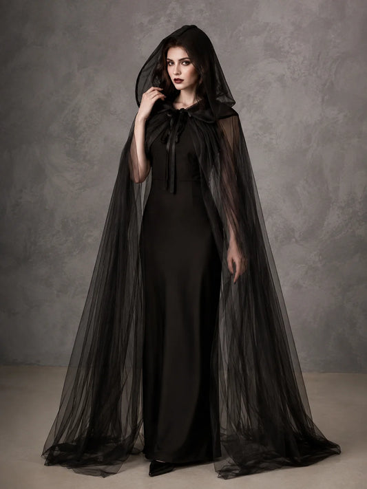 Sheer Tulle Hooded Full‑Length Cape for Women, Lightweight Flowy Gothic Cloak with Neck Tie, Halloween Witch Vampire Cosplay Costume Accessory for Fancy Dress Party Photo Shoot