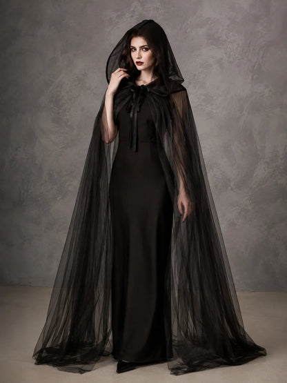 Sheer Tulle Hooded Full‑Length Cape for Women, Lightweight Flowy Gothic Cloak with Neck Tie, Halloween Witch Vampire Cosplay Costume Accessory for Fancy Dress Party Photo Shoot
