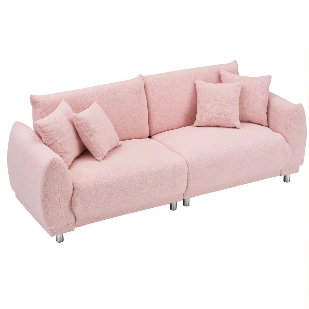 86.6 Inch Teddy Fleece Sofa With Four Throw Pillows Hardware Feet Can Sit Comfortably In An Apartment Bedroom Without Taking Up Space